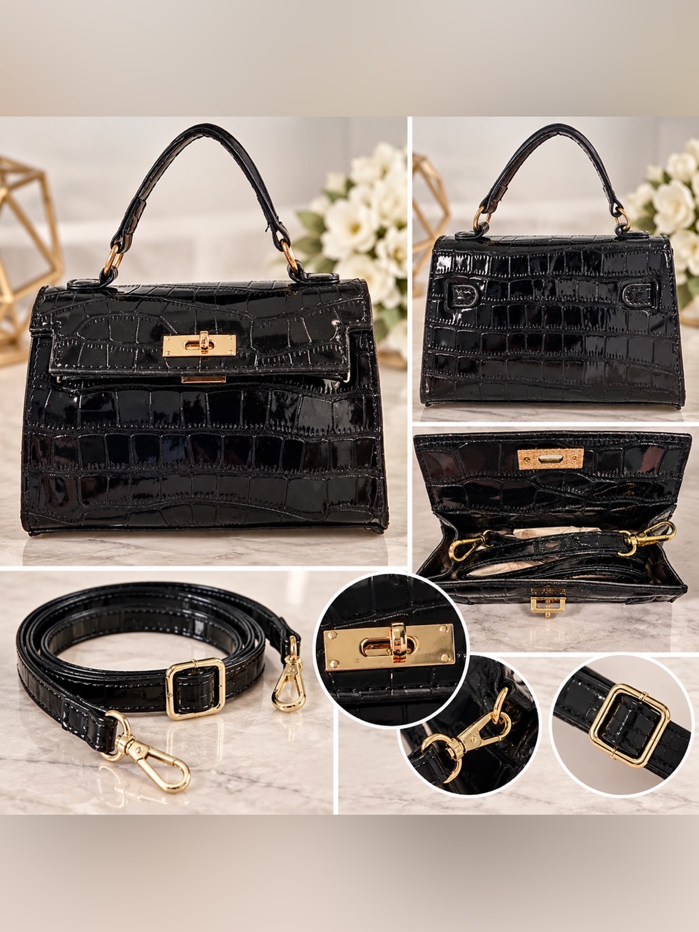 Black Croc-Embossed Patent Handbag | Structured Top Handle + Crossbody